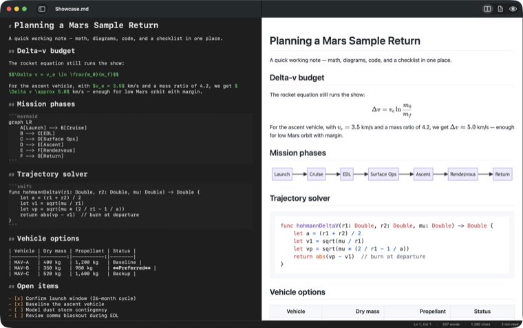 MarkdownEditor on macOS in dark mode: Markdown source on the left, rendered preview with math and a diagram on the right
