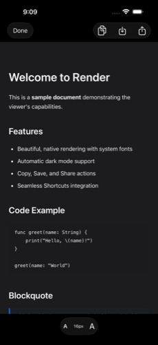 Render on iPhone showing a Markdown document rendered in dark mode with headings, a bulleted feature list, and a syntax-highlighted Swift code block